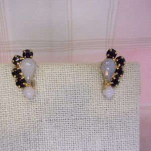 Faux Opal Sapphire Gold Tone Screw Back Earrings